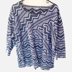 Kim Rogers Curvy 3X Blue Tunic with Geometric Design. Long sleeve Pullover